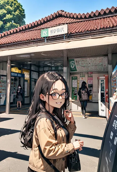 there is a woman standing outside of a building eating a donut