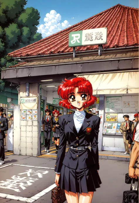 anime girl in uniform walking down the street in front of a building