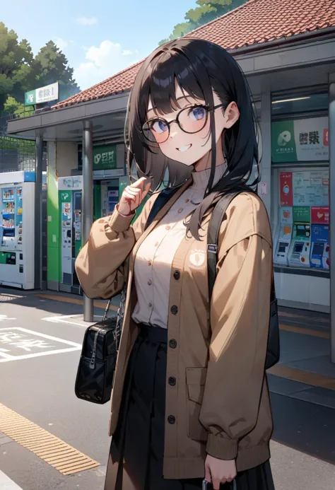 anime girl with glasses and a backpack standing on a street