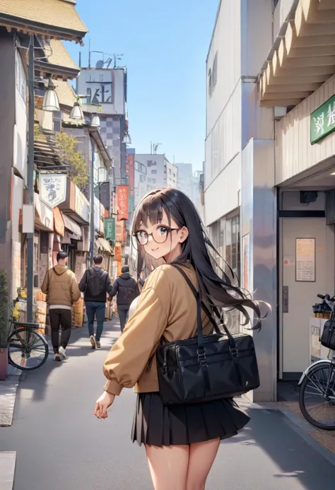 anime girl in a short skirt and glasses walking down a street