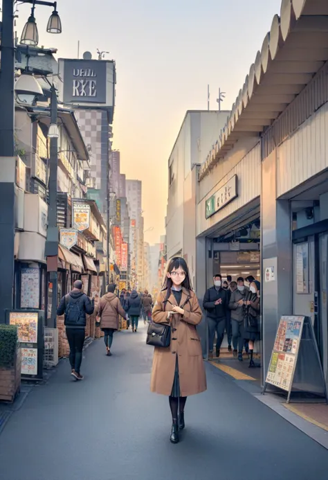 woman walking down a street in a city with a brown coat