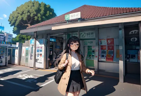 masterpiece, best quality, very aesthetic, absurdres,
1girl, solo, glasses, black hair, long hair, jacket, skirt, black bag, smile, looking at viewer, solo focus,
uguisudani, storefront, vending machine, scenery, outdoors, tree, sky, blue sky, day, building, sign, shadow, real world location
 <lora:uguisudani_minami_SDXL_V2:1>