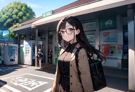 anime girl with glasses and a backpack walking down a street