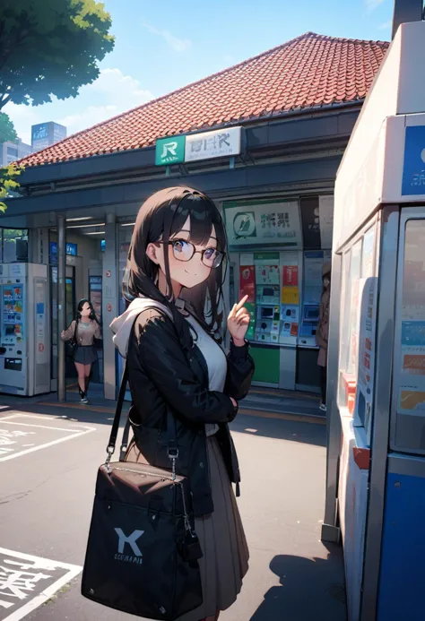 anime girl in glasses standing in front of a vending machine