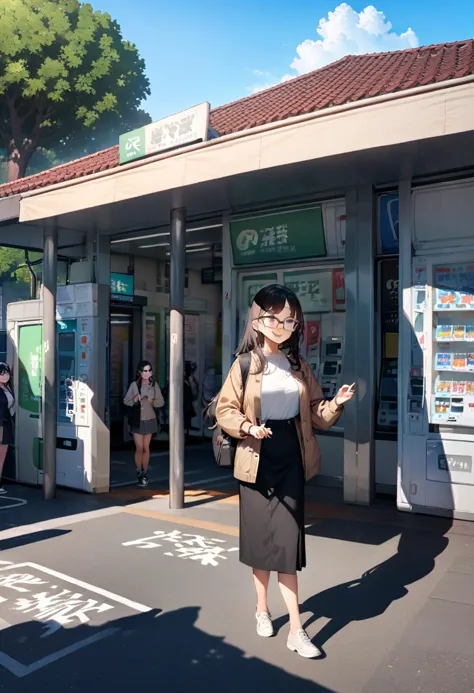 there is a woman standing in front of a vending machine