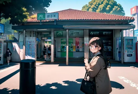 woman in a mask standing in front of a store with a bag