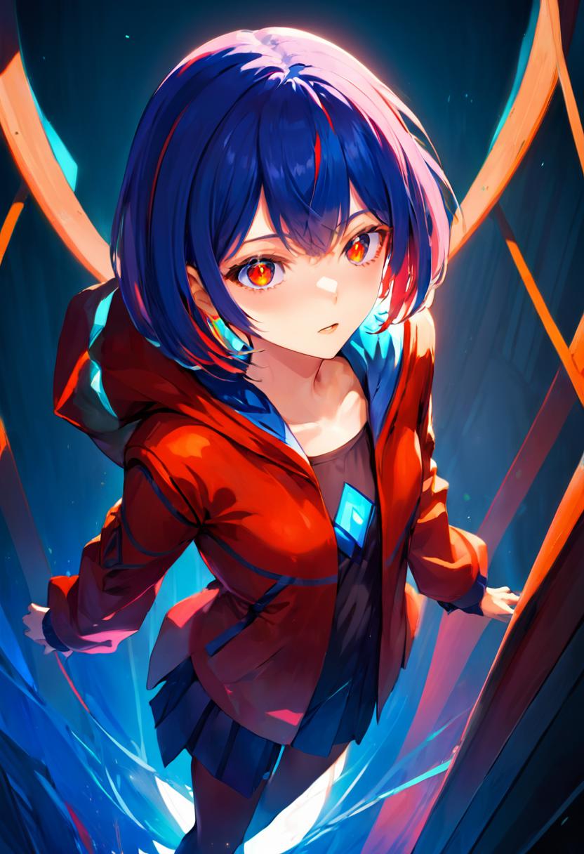 A girl with blue hair and red jacket standing in front of a dark background  - SeaArt AI