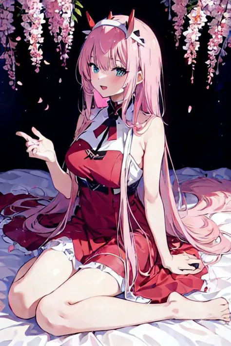 (masterpiece, best quality), 1girl, beautiful face, pink hair, upper body, zero two /(anime/), scenary, around flowers/(white and black/), Magnificent body, seductive, sitting on bed, full body, Hand on own mouth, Open mouth, happy expression, red dress, details dress,