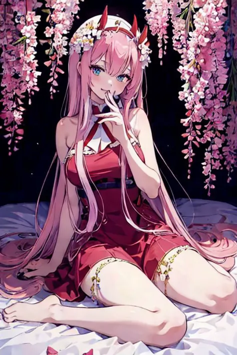 (masterpiece, best quality), 1girl, beautiful face, pink hair, upper body, zero two /(anime/), scenary, around flowers/(white and black/), Magnificent body, seductive, sitting on bed, full body, Hand on own mouth, Open mouth, happy expression, red dress, details dress,