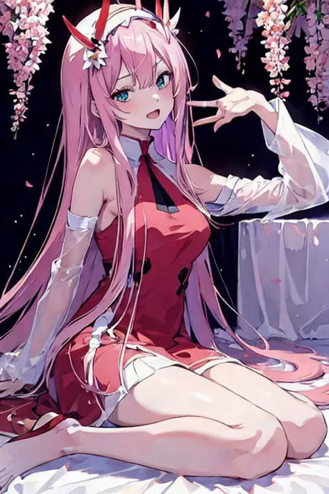 anime girl with long pink hair sitting on a bed