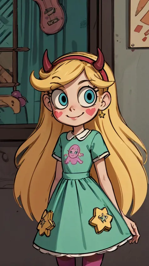 starbutterfly, 1girl, blonde hair, horned headwear, hairband, long hair, solo, heart, blue eyes, facial mark, very long hair,teal dress,striped pantyhose,upper body,  , blush stickers,looking at viewer, smile, <lora:starbutterfly2.0:0.5>