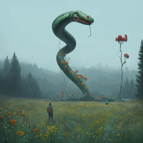 there is a large snake statue in a field with flowers