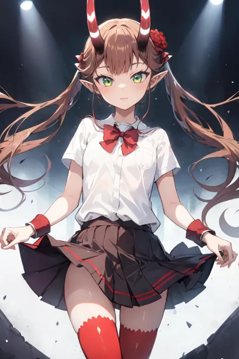 anime girl with horns and red stockings standing in front of a stage