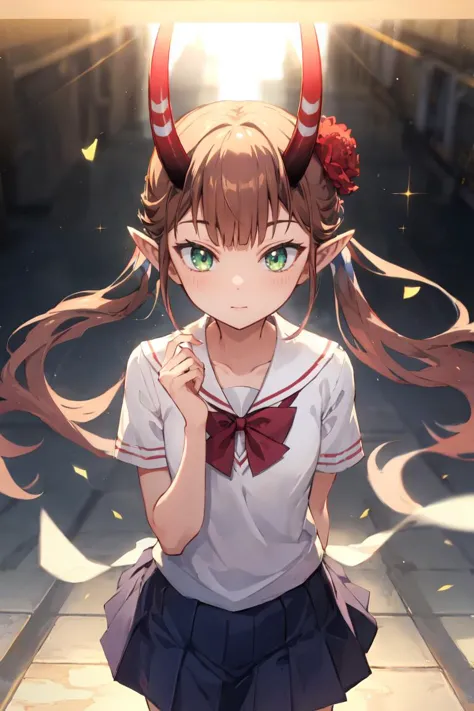 anime girl with horns and a bow in a street