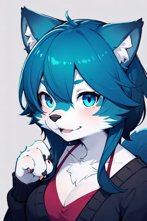 1girl, aqua fur, blue eyes,  wolf girl, medium breasts, cardigan, portrait, simple background, (furry:1.5) 