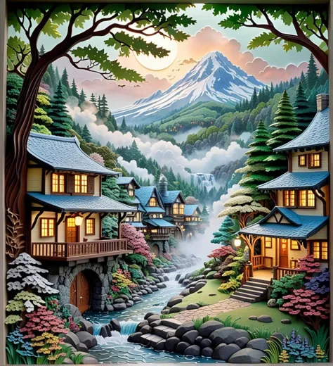 by artist "Thomas Kinkade", by by artist "Hayao Miyazaki", quilling, anime, insanely detailed and intricate, beautiful, realistic, ethereal, fantasy, hyperdetailed, mist,serene. detailed, realistic