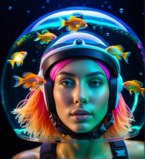 a close up of a woman wearing a helmet with fish in it