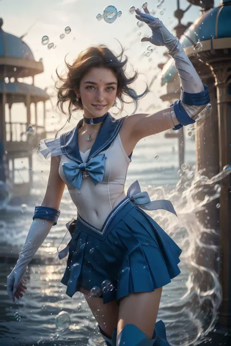 realistic, upper body photo of 18 years old Mercury, sailor uniform, ribbons, blue hair, (seductive smile:0.4), hard shadows, gl...
