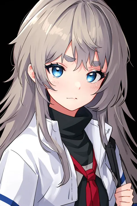 anime girl with long gray hair and blue eyes wearing a tie