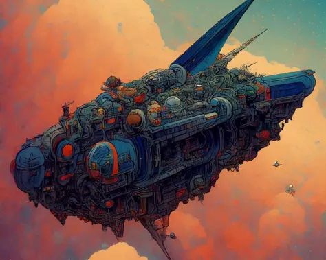 a photo of an intricate detailed heavily armed steampunk JovianSkyship floating high above the orange clouds at sunset against a starlit nights sky by moebius