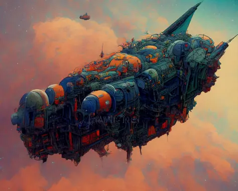a photo of an intricate detailed heavily armed steampunk JovianSkyship floating high above the orange clouds at sunset against a starlit nights sky (by Cyber-Samurai:1.2)