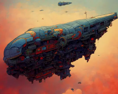 a photo of an intricate detailed heavily armed steampunk JovianSkyship floating high above the orange clouds at sunset against a starlit nights sky by moebius