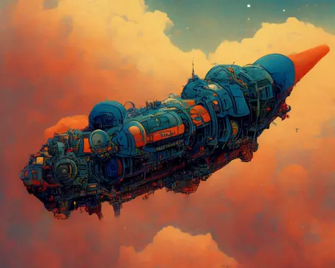 textless, photo of intricate detail heavily armed steampunk JovianSkyship floating high above the orange clouds at sunset against a starlit nights sky (by Cyber-Samurai:1.2)