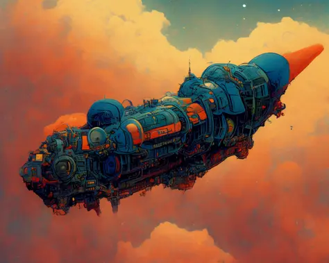 textless, photo of intricate detail heavily armed steampunk JovianSkyship floating high above the orange clouds at sunset agains...