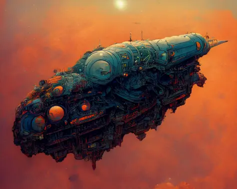textless, photo of intricate detail heavily armed steampunk JovianSkyship floating high above the orange clouds at sunset against a starlit nights sky (photography by Cyber-Samurai:1.2)