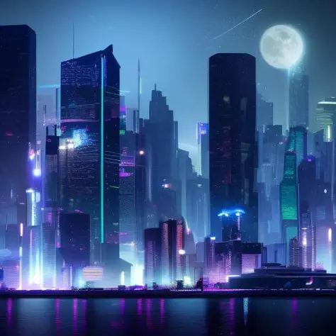 사이버펑크: 밝은 조명과 밝은 달이 있는 밤을 배경으로 한 미래 지향적인 도시 풍경