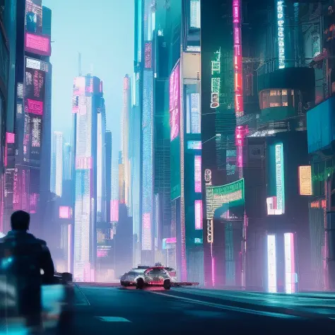 cyberpunk a futuristic city  on the buildings and cars driving down the street in front of them
