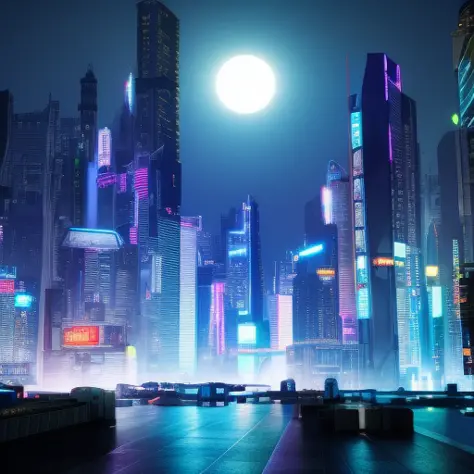 Cyberpunk ทิวทัศน์เมืองแห่งอนาคตที่มีพื้นหลังในเวลากลางคืนพร้อมแสงไฟสว่างไสวและดวงจันทร์ที่สว่างไสว