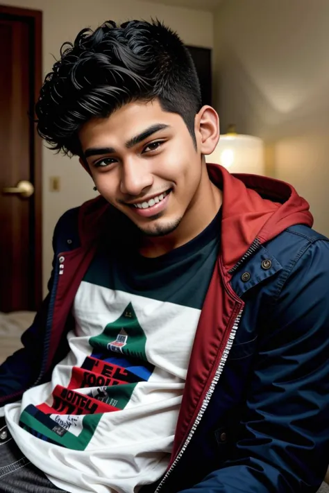 arafed young man sitting on a bed with a red jacket