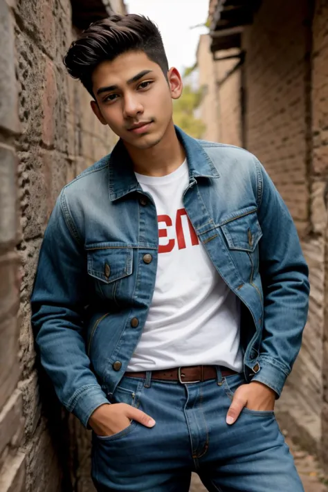 arafed man in a white shirt and blue jeans leaning against a brick wall