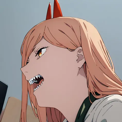 anime girl with red horns and a white shirt with a red tooth