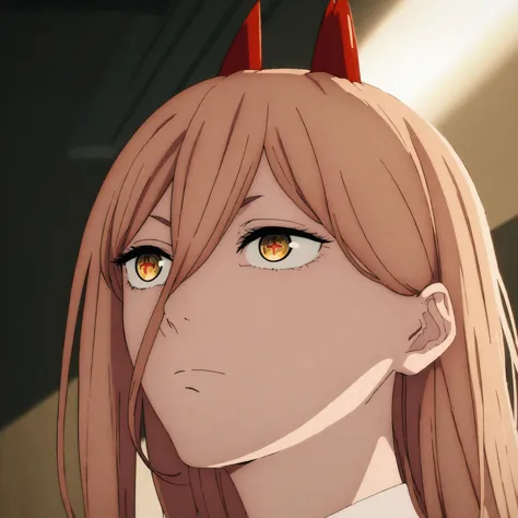 anime girl with red horns and yellow eyes staring at something