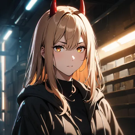 anime girl with horns and a hoodie in a dark room