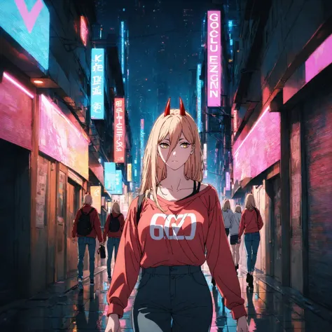 anime girl in red shirt walking down a city street at night