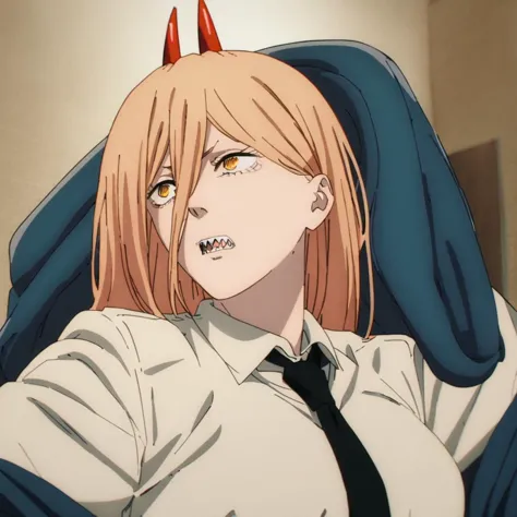 anime image of a woman with horns and a tie