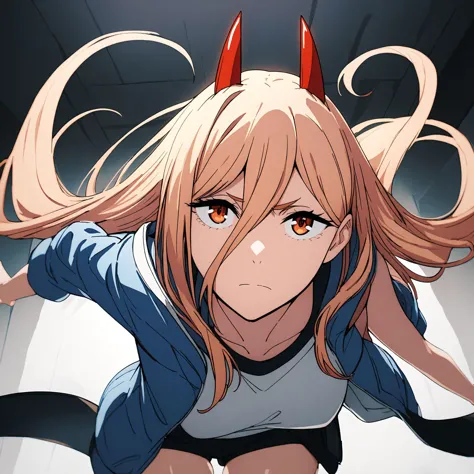 anime girl with horns and a blue shirt in a room