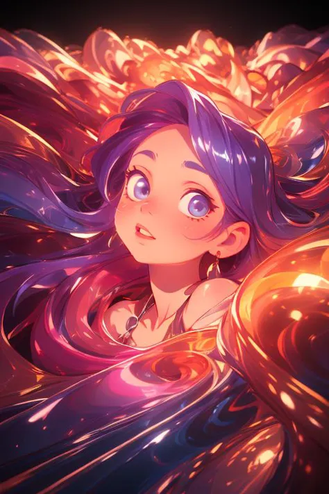 a girl with purple hair and blue eyes is floating in the air