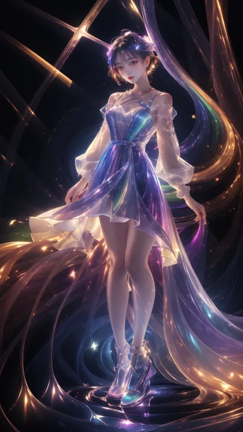 masterpiece, best quality,highres, 1girlï¼stars in the eyes, opalescence dress, white dress,  holographic plastic, liuli2,chrom...