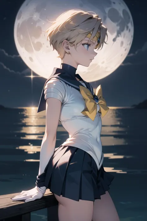 harukasm, sailor senshi uniform, leotard, miniskirt, moon, night
1girl, looking to the side, pier