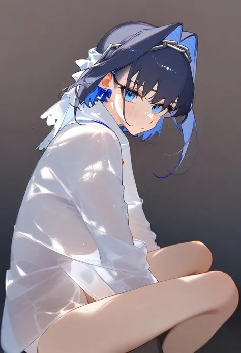 masterpiece,best quality,very aesthetic,absurdres,<lora:light_see:1>,see-through_silhouette,white_shirt,1girl,ouro_kronii,solo,from_side,sitting,morning, looking at viewer, hand between legs, blushing, steamy