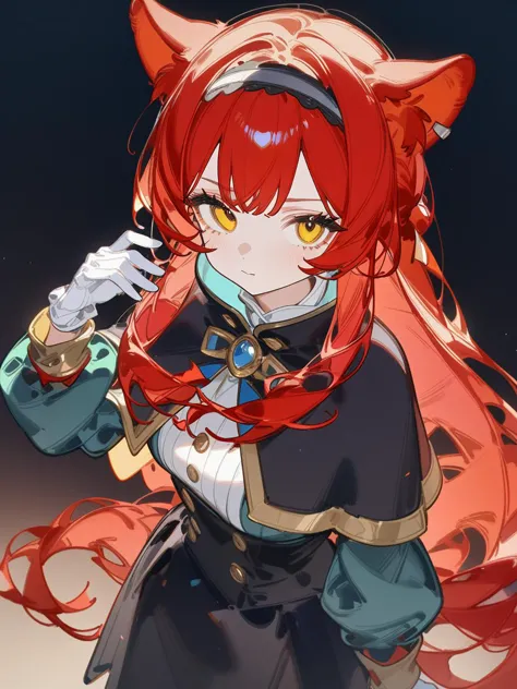 anime girl with red hair and a cat ears holding a cell phone