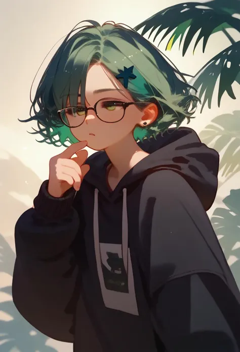 score_9, score_8_up, score_7_up, from_anime, 1girl, green hair short hair, glasses, black hoodie,