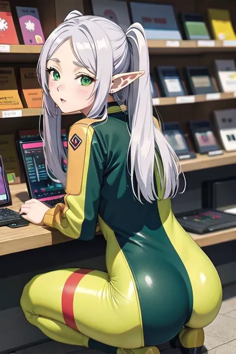 anime girl in a yellow and green outfit sitting on a shelf