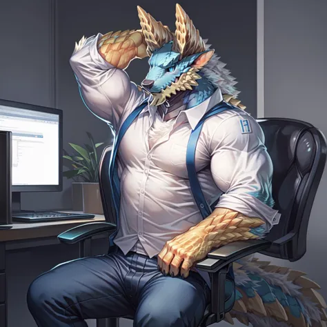 anthro,(zinogre:1.2),tail,((full body,blue eyes, blue body, white furry, yellow hand, yellow feet, blue face,4TOES,TAILS )),((horns)),muscular, office, chair, COMPUTER, white shirt, 
programmer, pants, long sleeves, NIGHT,DARK, (stretching, )
full body,
(by null-ghost,by raccoon21,masterpiece,high quality),   <lora:zinogre-000018:1>