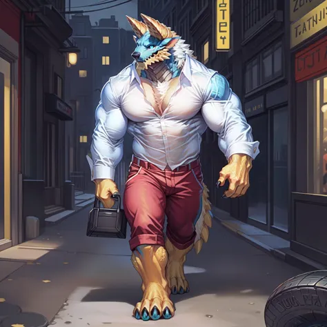 anthro,(zinogre:1.2),tail,((full body,blue eyes, blue body, white furry, yellow hand, yellow feet, blue face,4TOES,TAILS )),((horns)),muscular,  (white shirt), CITY,street, 
(red pants), long sleeves, NIGHT, walking, ((TIRE)),(exhausted), briefcase, 
full body,
(by null-ghost,by raccoon21,masterpiece,high quality),   <lora:zinogre-000018:1>