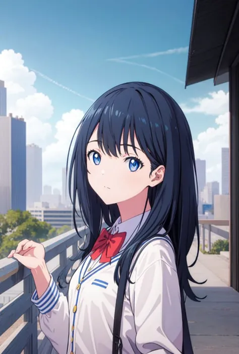 anime girl with long black hair and blue eyes standing on a balcony